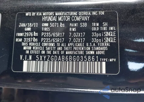 2011 Hyundai Santa Fe Gls z USA, uszkodzony, nr VIN 5XYZGDAB6BG035861